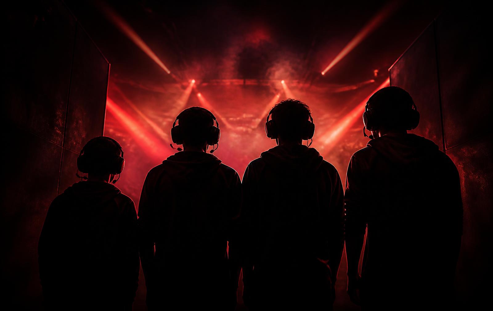 Four gamers wearing headsets standing together under red arena lights